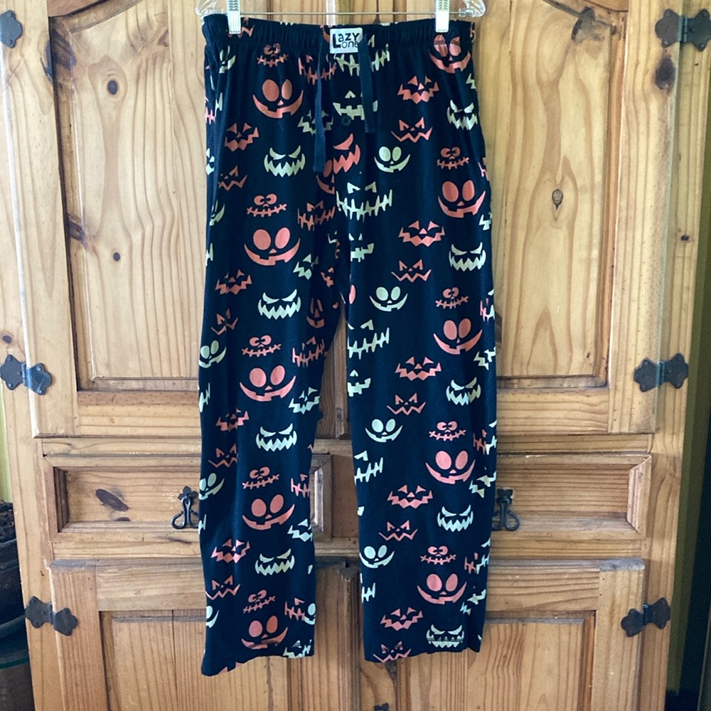 Lazy One black orange Halloween jack-o’-lantern pajama lounge pants - size L